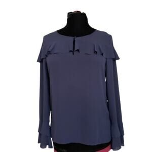 Banana Republic Blue Long Sleeve Ruffle Blouse Keyhole Front Small